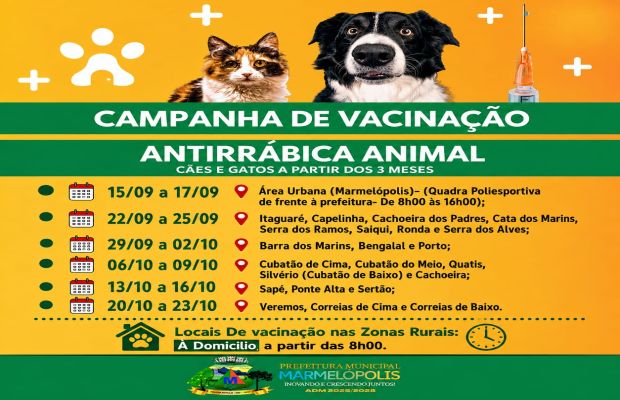 A Prefeitura Municipal informa o cronograma da Campanha de Vacinação Antirrábica de Cães e Gatos: