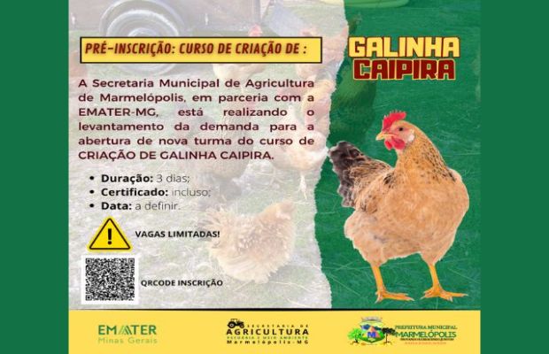 A Secretaria de Agricultura informa sobre: Inscrição Curso Criação de Galinhas Caipiras